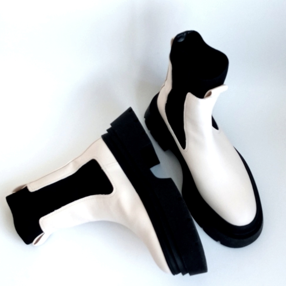 Mango Women's Cream with Black Ankle Sock Platform Boots 7.5 (38) ThickLug Soles - Picture 11 of 16